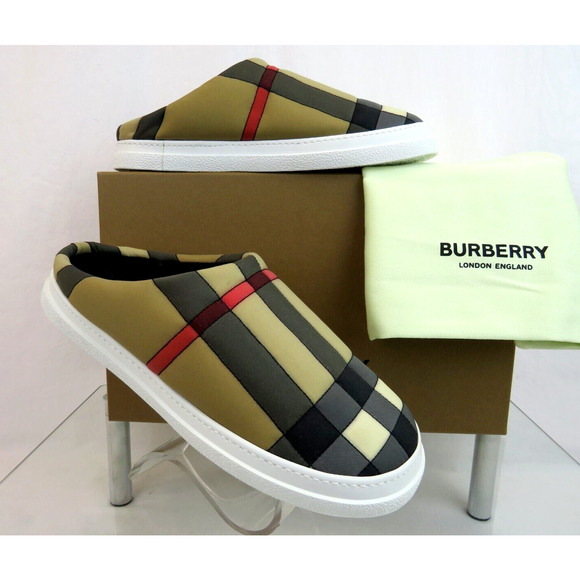 $620 BURBERRY HOMIE WOMEN QUILTED BEIGE CHECK LOGO LOAFER MULES SLIPPERS 37 - Picture 10 of 13